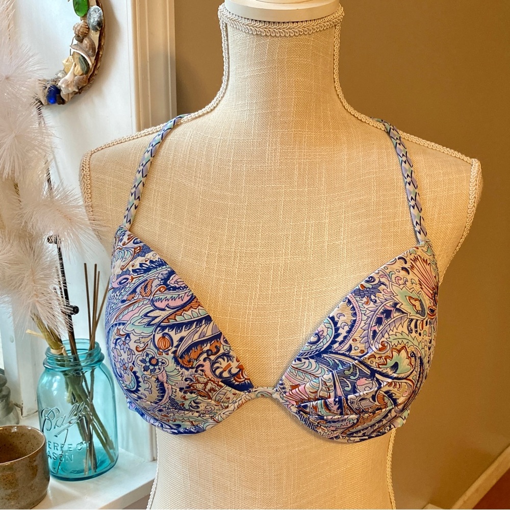 VS Bikini Swim Top Blue Aqua Unique Back Tassels Adjustable Push Up Padded 34DD - Picture 3 of 6